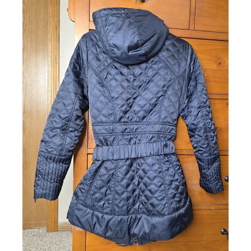 Laundry By Shelli Segal Quilted Jacket Coat Size Medium Navy Belted Hood Zip - Picture 2 of 16